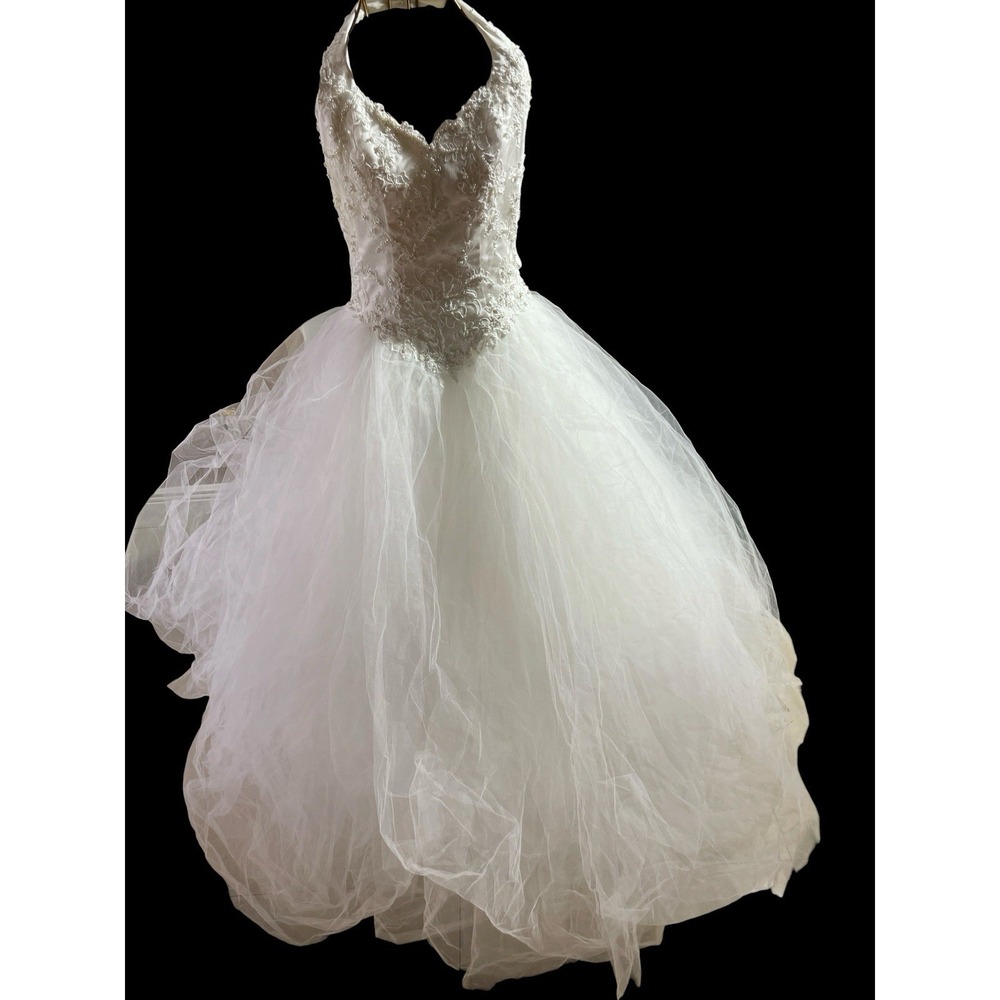 Vintage Wedding Gown Beaded Halter Top Ballgown Size S(4-6)